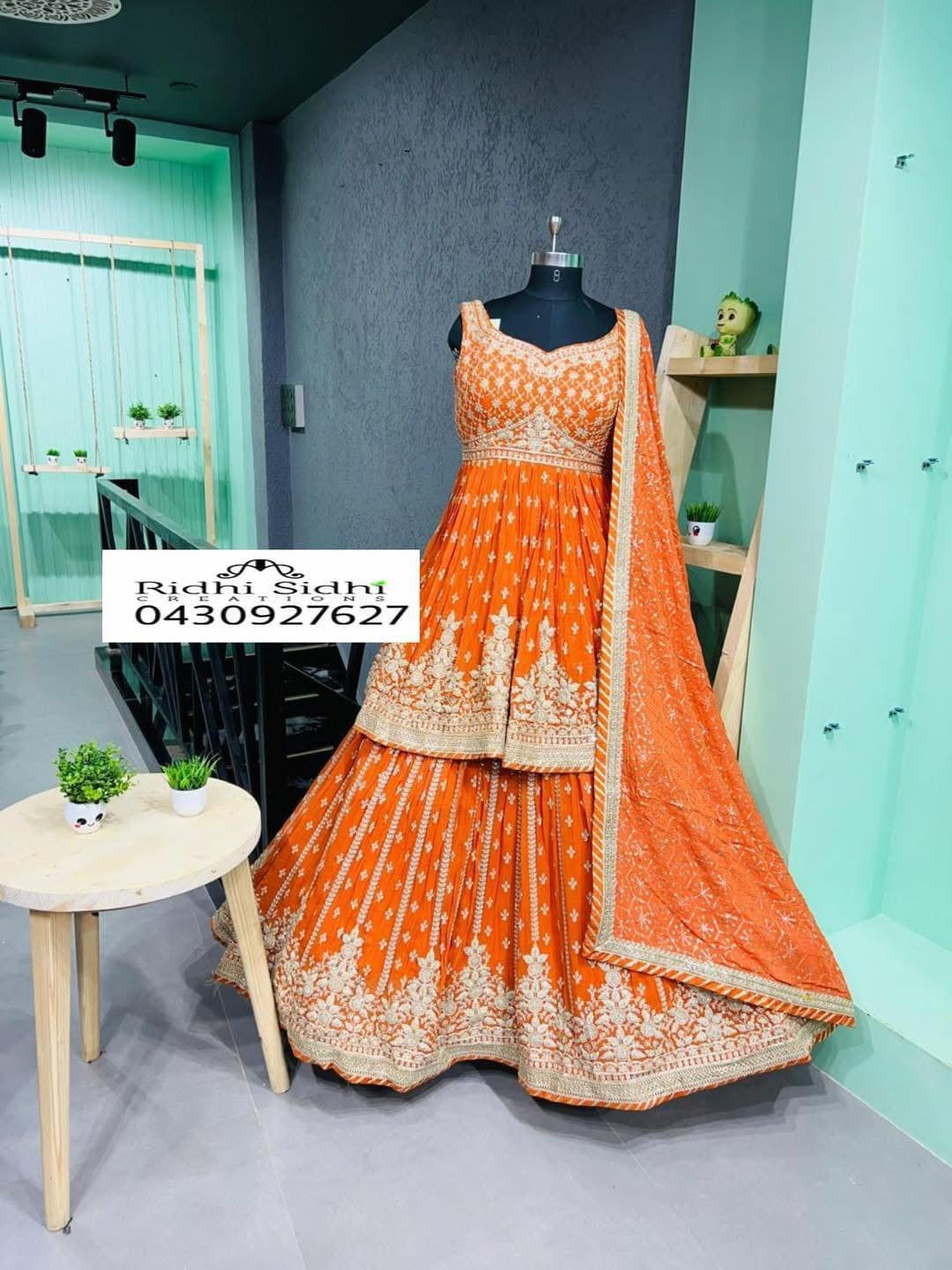 Pure georgette heavily embroidered Lehnga with long shirt with Zari Dori work with seuin jaal all over