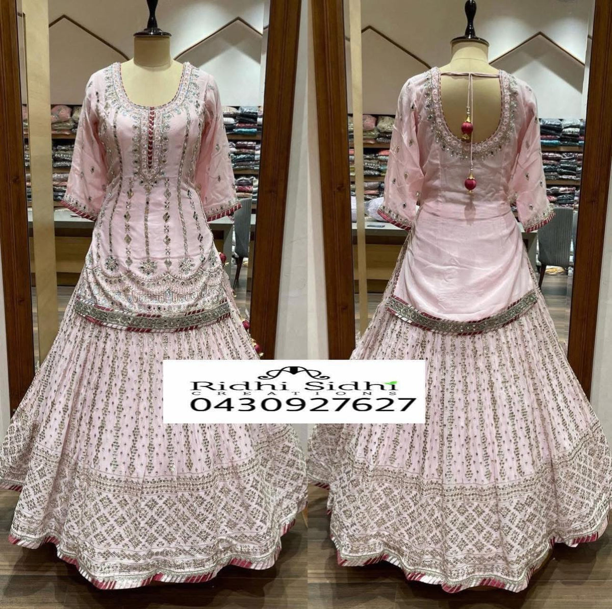 Pure georgette Lehnga with total hand work dabka, stones & mirror work